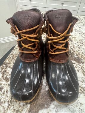 Sperry Brown Leather and Black Rubber Lace-Up Duck Boots